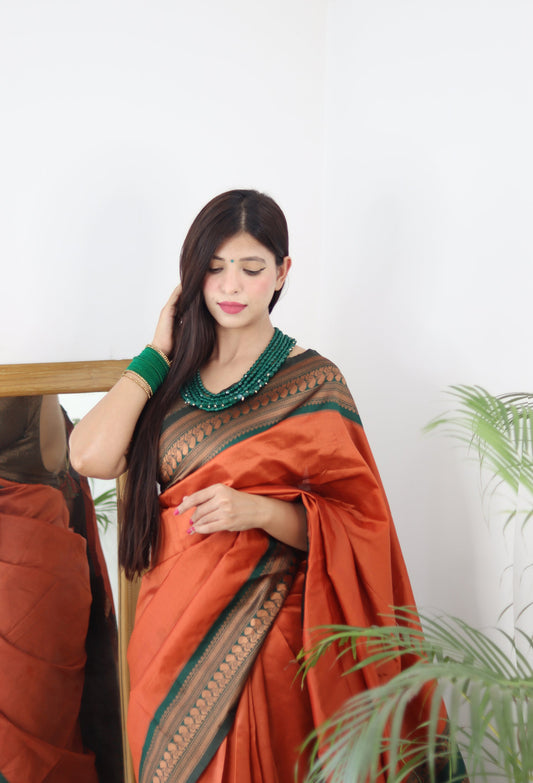 Orange & Green Combination Pure Soft Silk Saree Stylish Blouse Piece