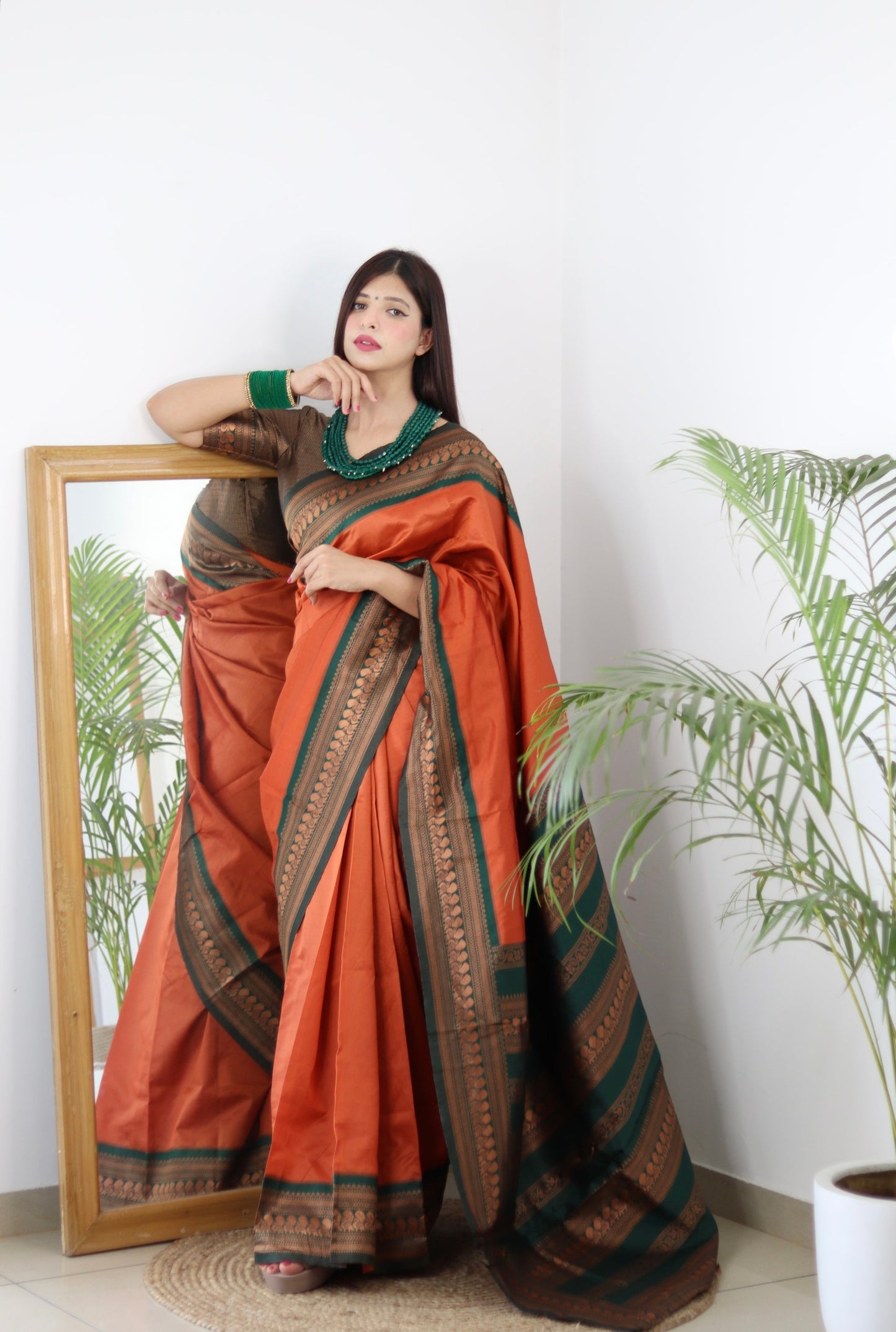 Orange & Green Combination Pure Soft Silk Saree Stylish Blouse Piece