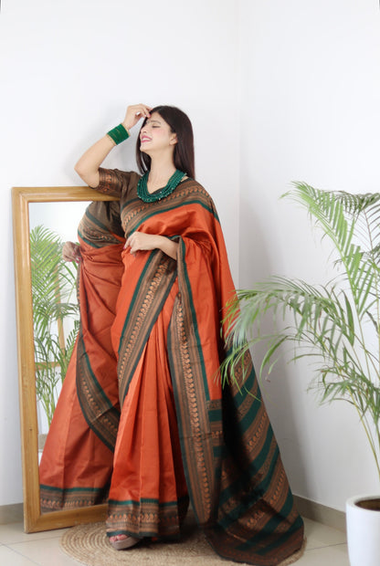 Orange & Green Combination Pure Soft Silk Saree Stylish Blouse Piece