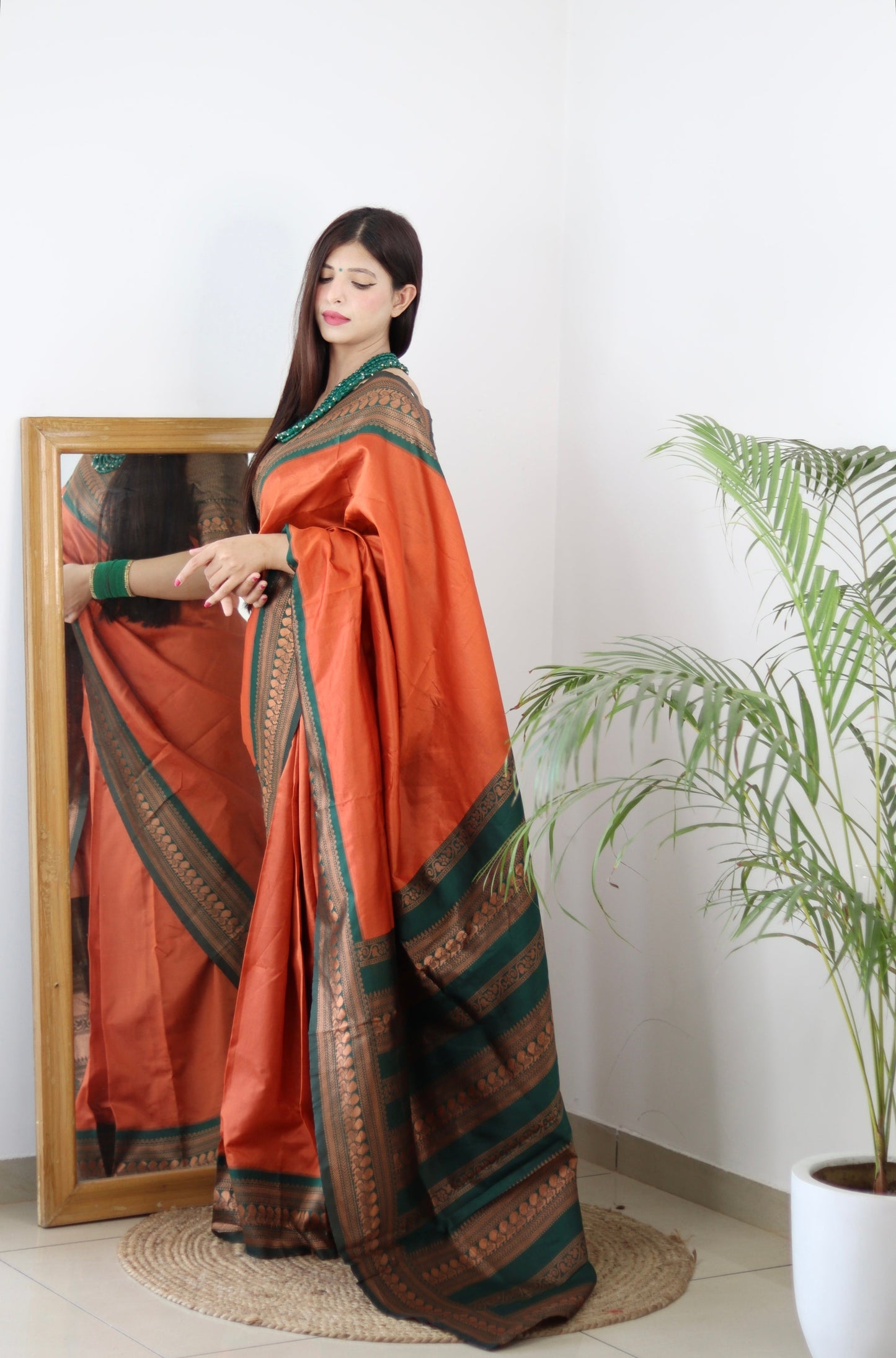 Orange & Green Combination Pure Soft Silk Saree Stylish Blouse Piece