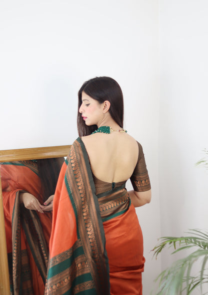 Orange & Green Combination Pure Soft Silk Saree Stylish Blouse Piece