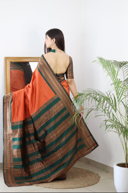 Orange & Green Combination Pure Soft Silk Saree Stylish Blouse Piece