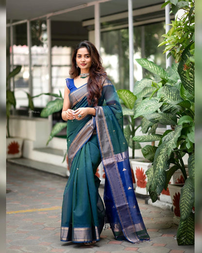 Royal Blue & Rama Dual Tone Pure Soft Semi Silk Saree With Attractive Blouse Piece