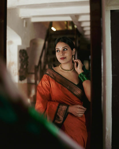 Orange & Dark Green Combination Pure Soft Semi Silk Saree With Attractive Blouse Piece