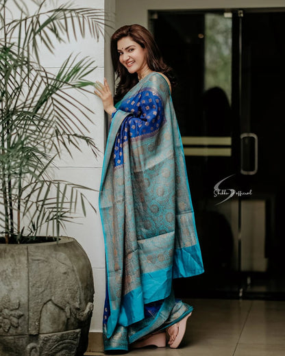 Royal Blue & Firozi Combination Pure Soft Semi Silk Saree With Attractive Blouse Piece