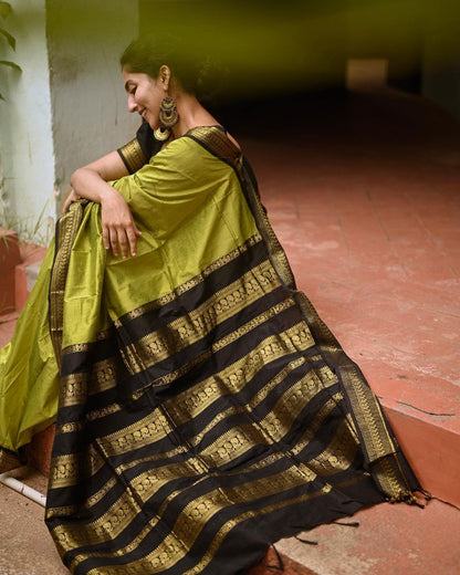 Light Green & Black Combination Pure Soft Semi Silk Saree With Attractive Blouse Piece