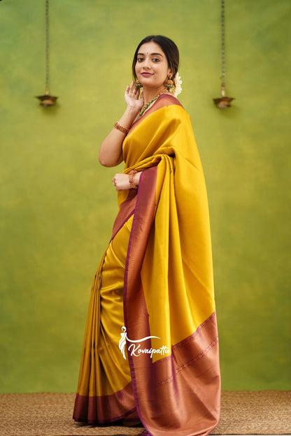 Yellow & Pink Pure Soft Silk Saree With Twirling Blouse Piece