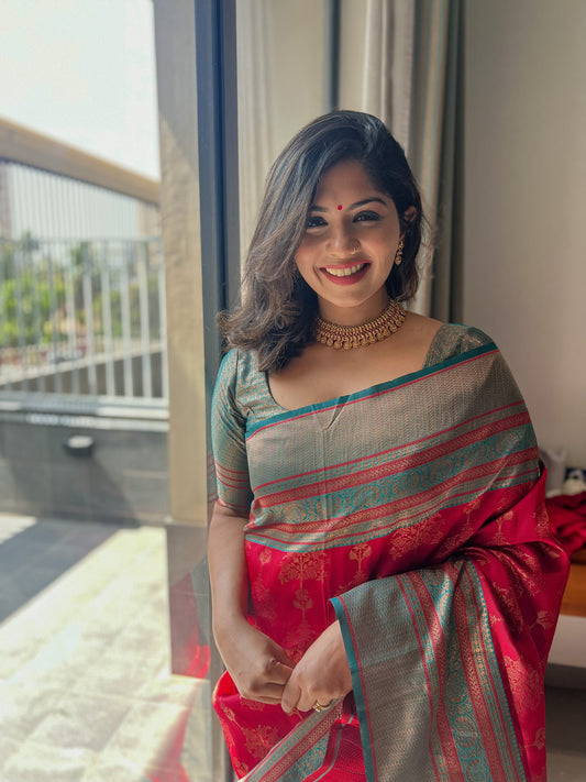 Maroon Soft Silk Saree Weaved With Copper Zari With Imbrication Blouse Piece