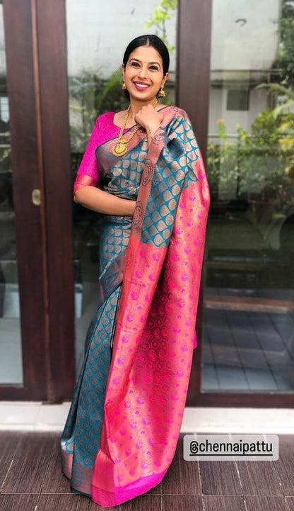 Unique Rama Pure Soft Silk Saree With Outstanding Blouse Piece