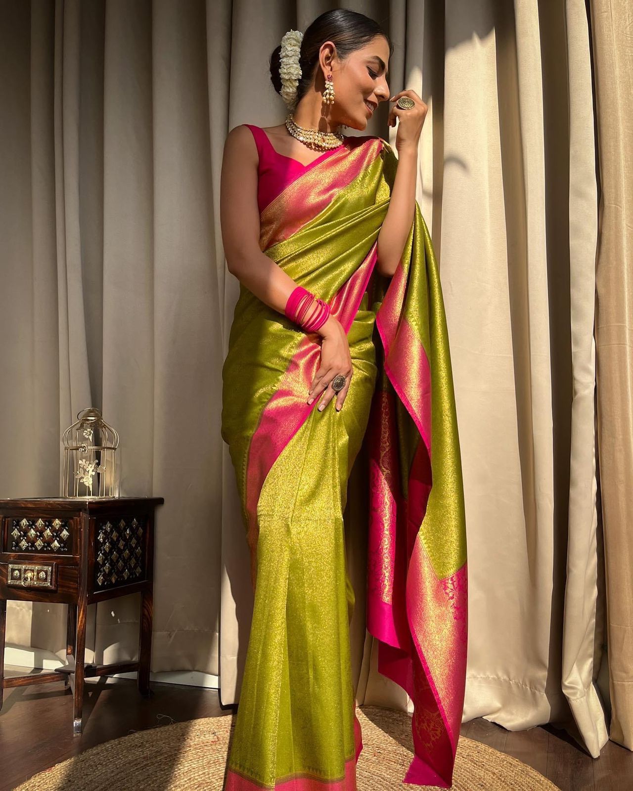 Lime & Pink Border Pure Soft Silk Saree Stylish Blouse Piece