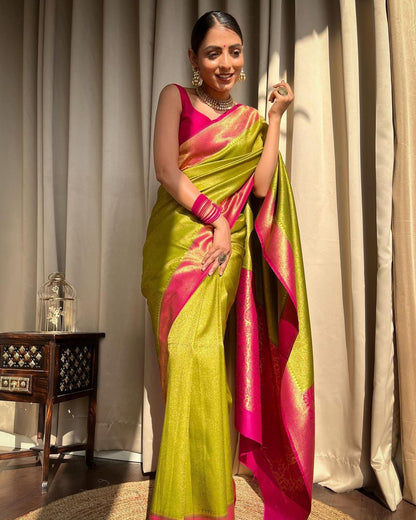 Lime & Pink Border Pure Soft Silk Saree Stylish Blouse Piece