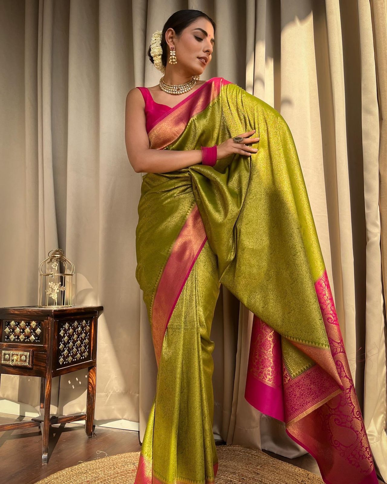 Lime & Pink Border Pure Soft Silk Saree Stylish Blouse Piece