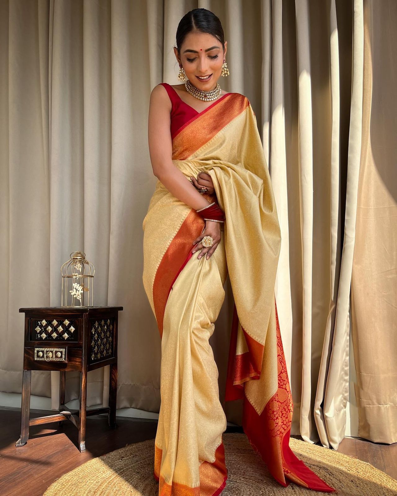 Cream & Orange Border Pure Soft Silk Saree Stylish Blouse Piece