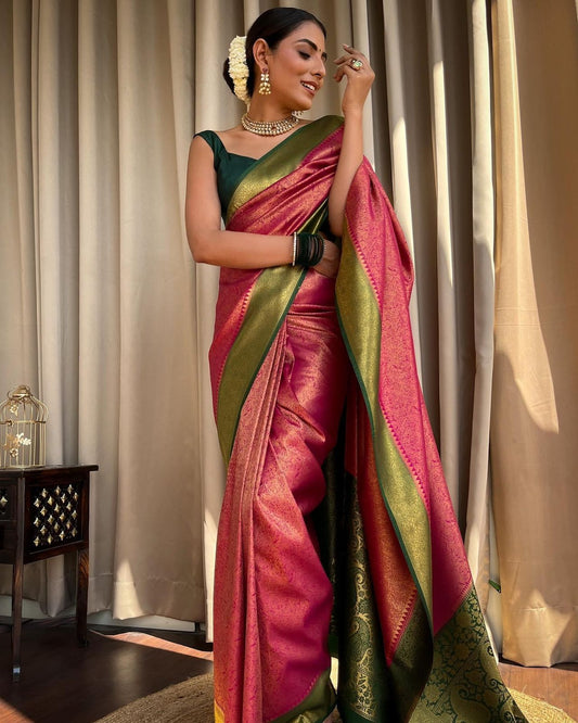 Pink & Green Border Pure Soft Silk Saree Stylish Blouse Piece