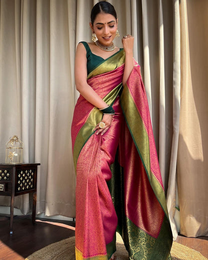 Pink & Green Border Pure Soft Silk Saree Stylish Blouse Piece