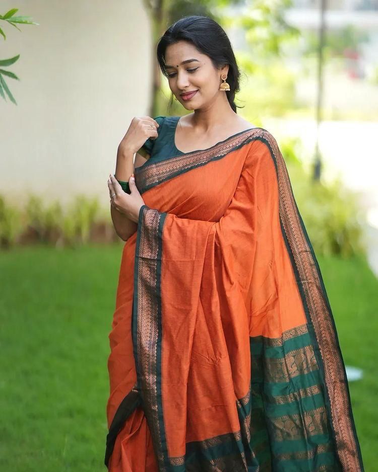 Orange & Dark Green Combination Pure Soft Semi Silk Saree With Attractive Blouse Piece