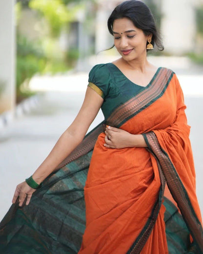 Orange & Dark Green Combination Pure Soft Semi Silk Saree With Attractive Blouse Piece