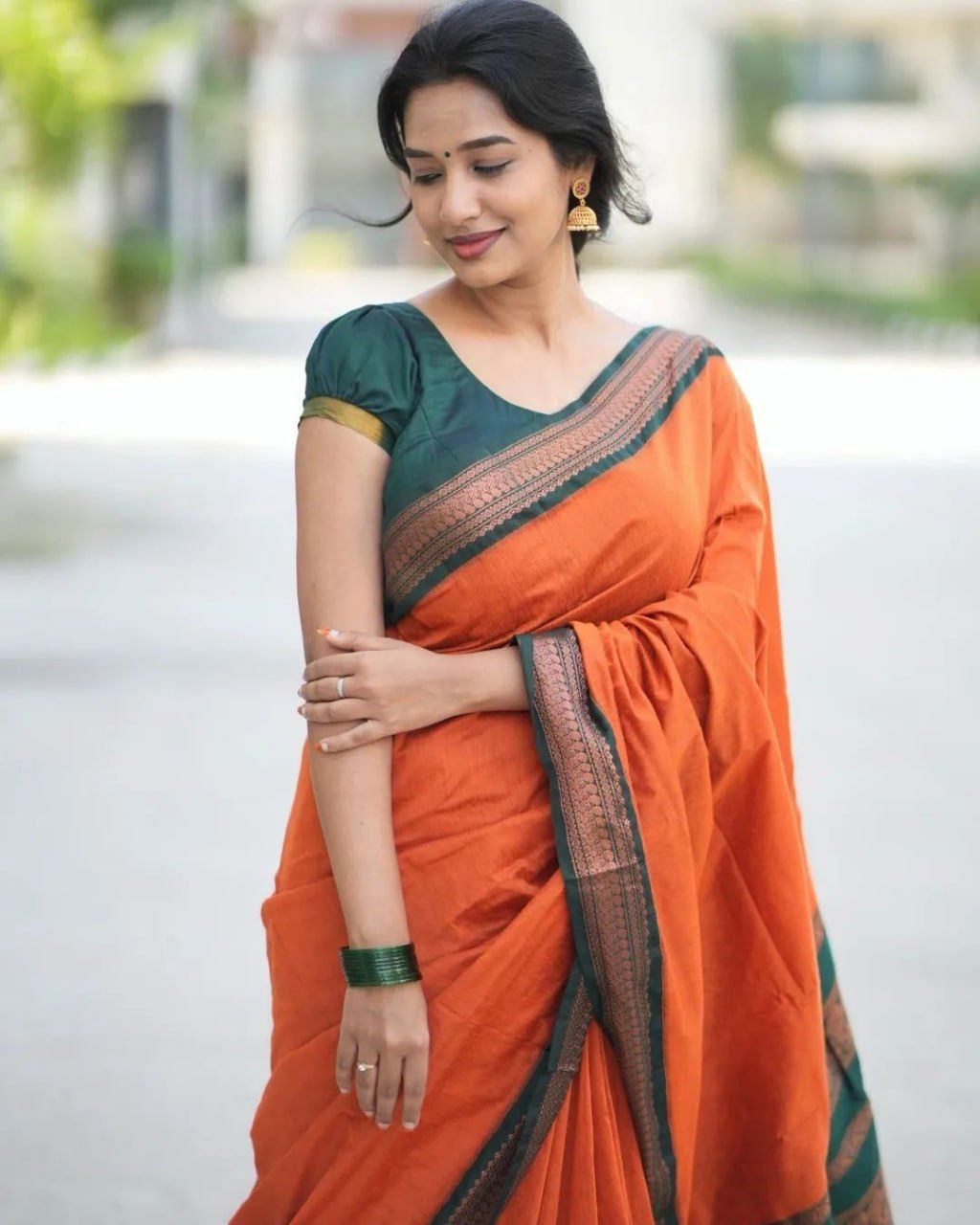 Orange & Dark Green Combination Pure Soft Semi Silk Saree With Attractive Blouse Piece