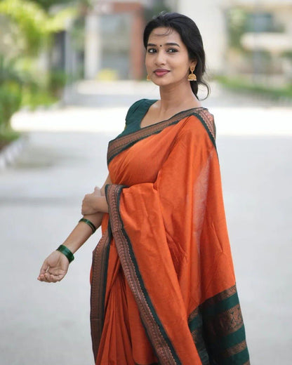 Orange & Dark Green Combination Pure Soft Semi Silk Saree With Attractive Blouse Piece