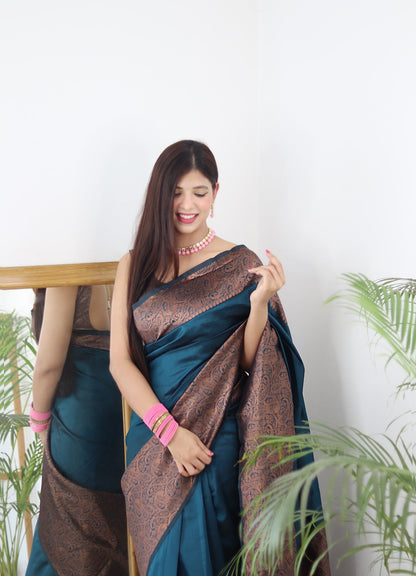 Rama Semi Silk Saree Weaved With Golden Zari With Attached Heavy Brocade Blouse