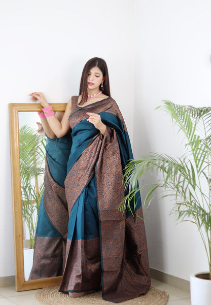 Rama Semi Silk Saree Weaved With Golden Zari With Attached Heavy Brocade Blouse