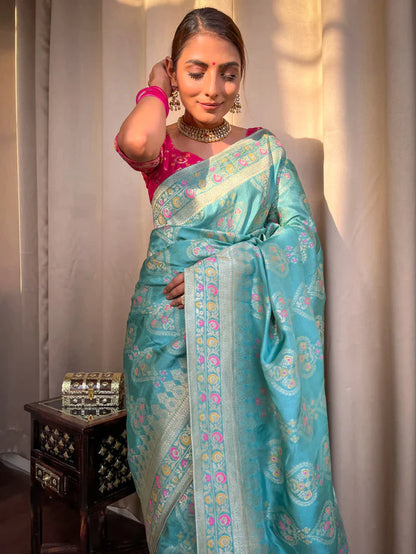 Turquoise Green Pure Soft Silk Saree With Twirling Blouse Piece