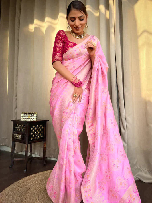 Onion Pink Pure Soft Silk Saree With Twirling Blouse Piece