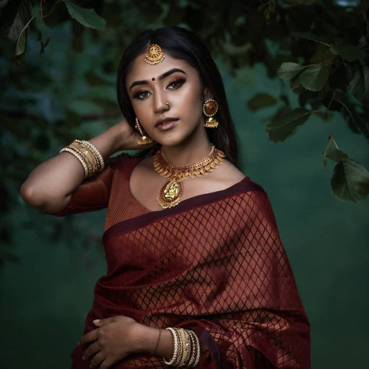 Maroon Semi Silk Saree Weaved With Copper Zari With Attached Heavy Brocade Blouse