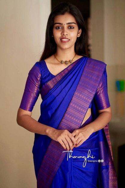 Royal Blue Semi Silk Saree Weaved With Copper Zari With Attached Heavy Brocade Blouse