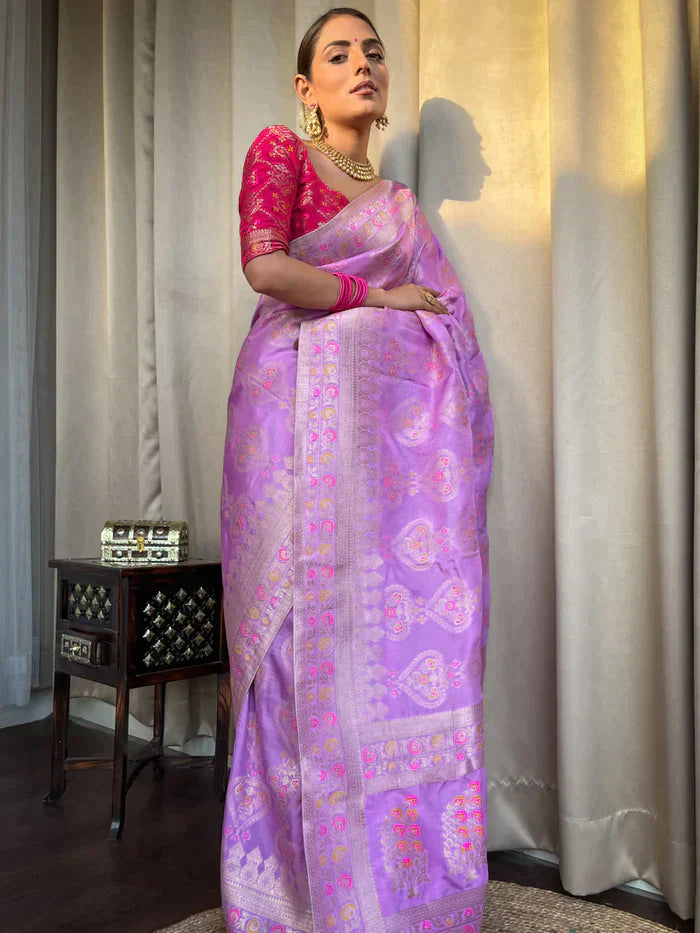 Lavender Pure Soft Silk Saree With Twirling Blouse Piece