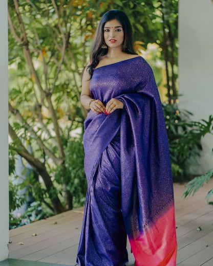 Stunning Violet Semi Silk Saree Weaved With Copper Zari