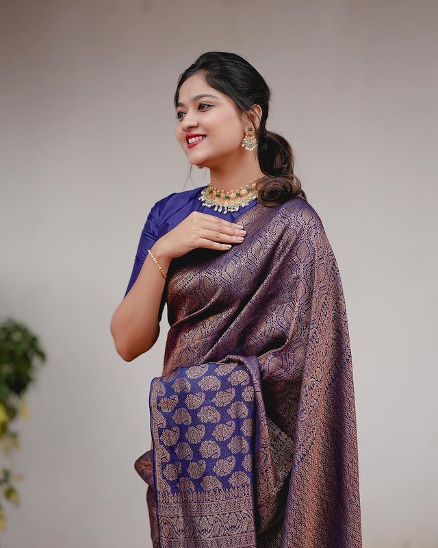 Navy Blue Pure Soft Semi-Silk Saree Stylish Blouse Piece