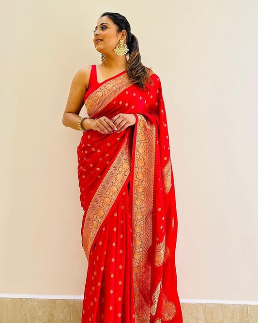 Romantic Red Semi Silk Saree Weaved With Golden Zari With Attached Heavy Brocade Blouse