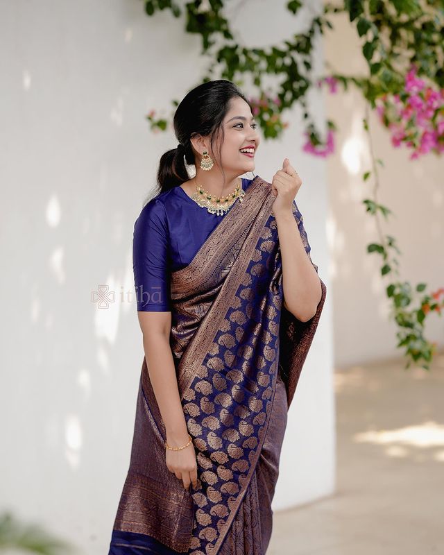 Navy Blue Pure Soft Semi-Silk Saree Stylish Blouse Piece