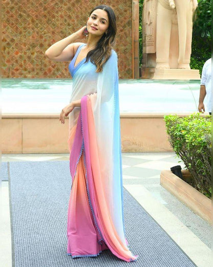 ALIA BHAT In Stunning Multi Coloured Pure Georgette Saree