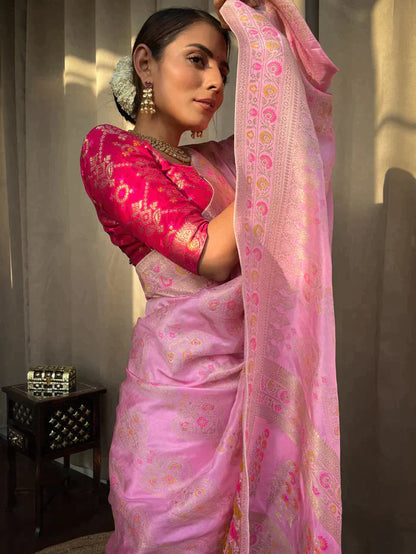 Onion Pink Pure Soft Silk Saree With Twirling Blouse Piece