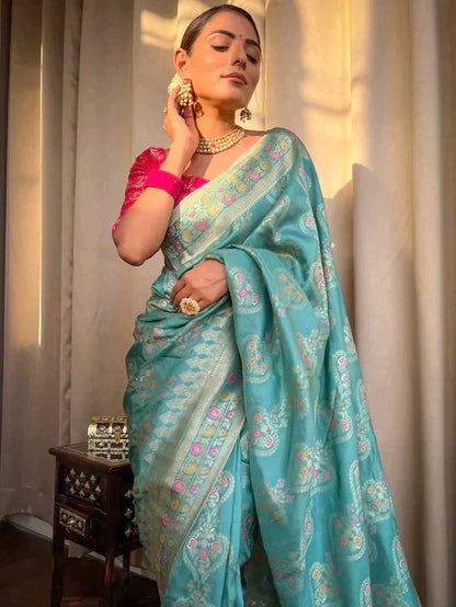 Turquoise Green Pure Soft Silk Saree With Twirling Blouse Piece