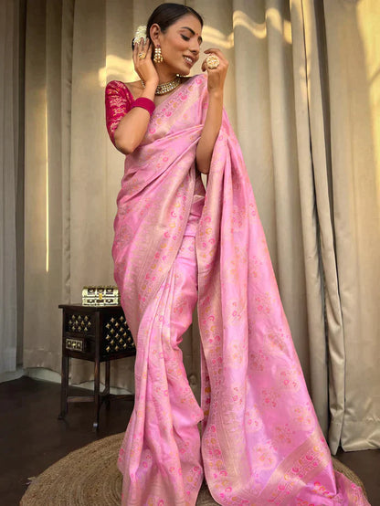 Onion Pink Pure Soft Silk Saree With Twirling Blouse Piece