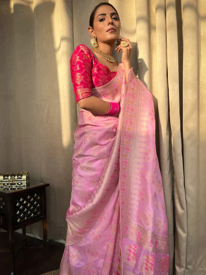 Onion Pink Pure Soft Silk Saree With Twirling Blouse Piece