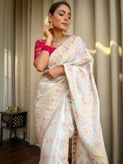 White Pure Soft Silk Saree With Twirling Blouse Piece