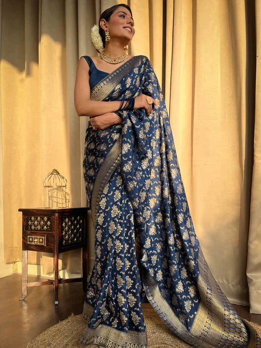 Blue Pure Soft Silk Saree With Twirling Blouse Piece