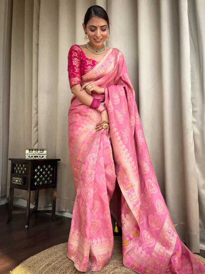 Onion Pink Pure Soft Silk Saree With Twirling Blouse Piece