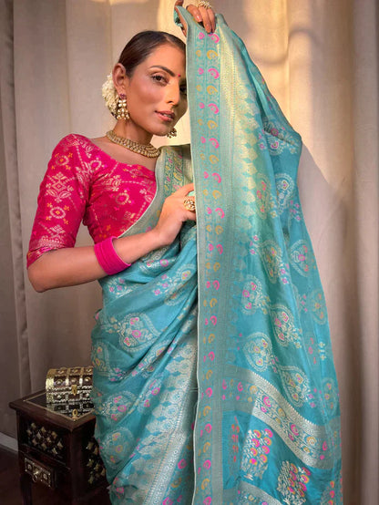 Turquoise Green Pure Soft Silk Saree With Twirling Blouse Piece