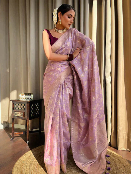 Lavender Purple Pure Soft Silk Saree With Twirling Blouse Piece