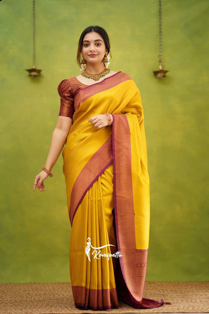 Yellow & Pink Pure Soft Silk Saree With Twirling Blouse Piece