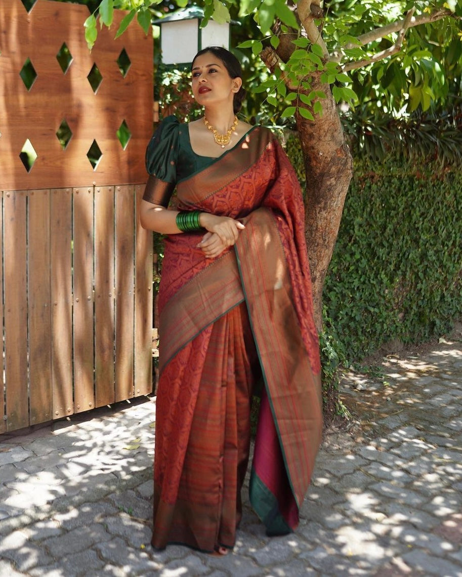 Maroon Pure Semi Silk Saree Weaved With Copper Zari Comes With Heavy Banarasi Brocade Blouse