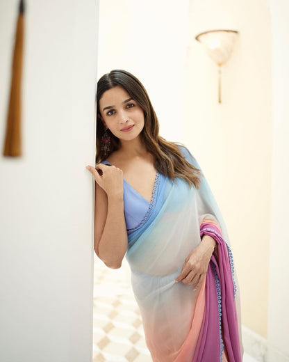 ALIA BHAT In Stunning Multi Coloured Pure Georgette Saree