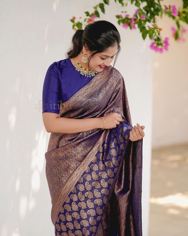 Navy Blue Pure Soft Semi-Silk Saree Stylish Blouse Piece
