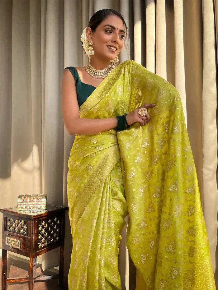 Light Mehendi Green Pure Soft Silk Saree With Twirling Blouse Piece