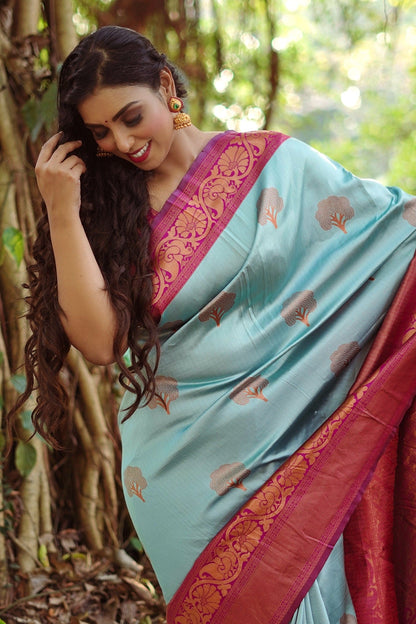 Sky Blue Pure Soft Semi-Silk Saree Stylish Blouse Piece